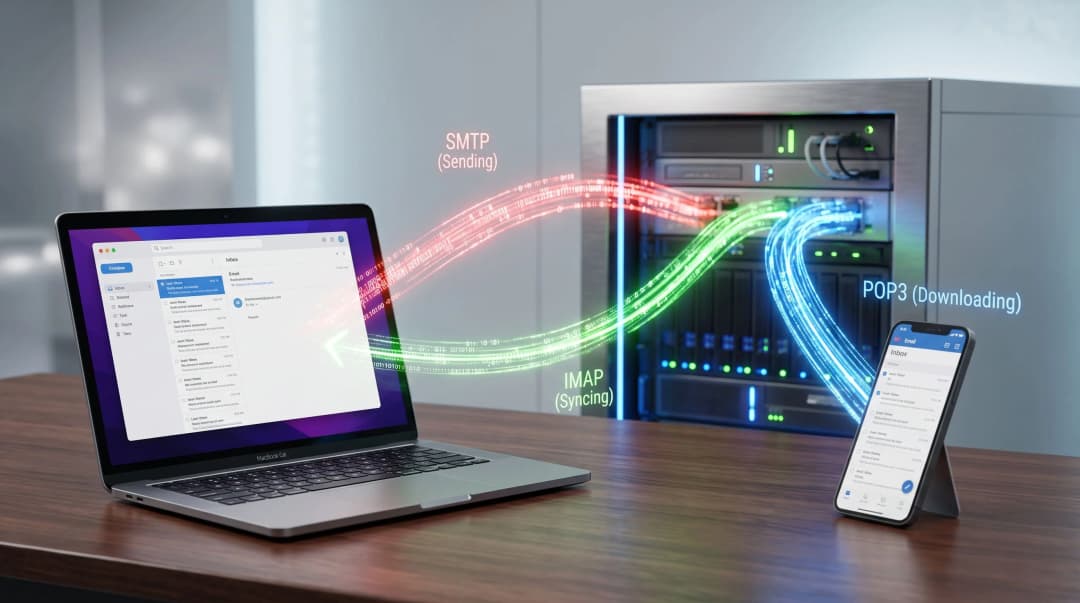 Ilustração conceitual mostrando dispositivos conectados a um servidor, representando o que é pop pop3 smtp e imap no fluxo de envio e recebimento de e-mails.