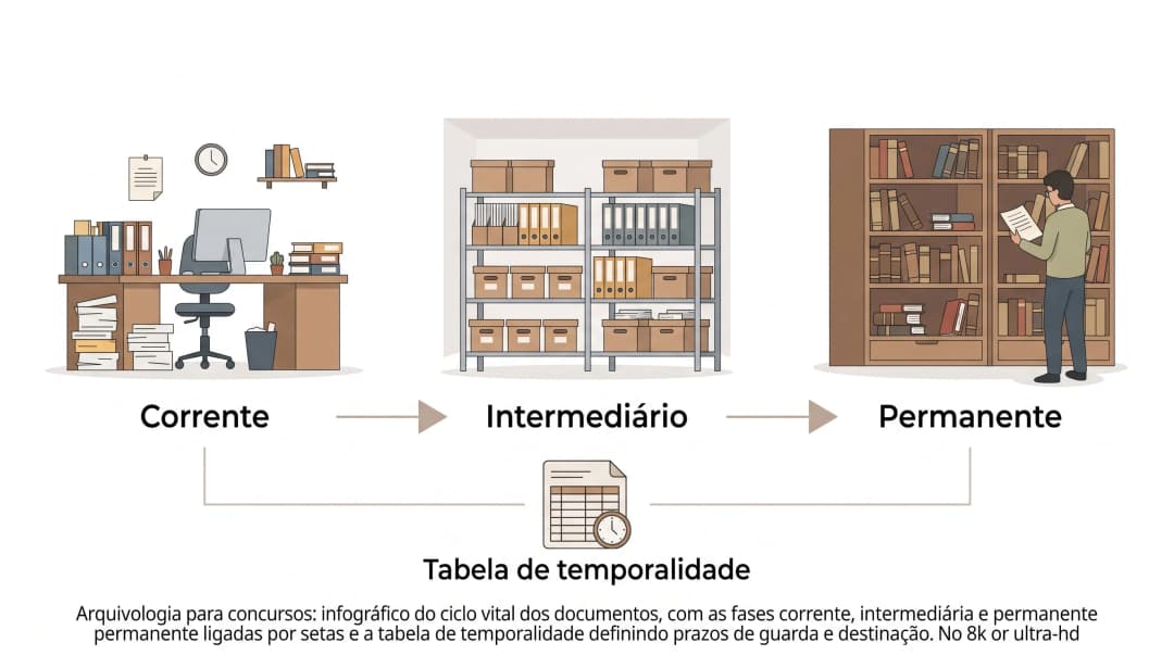 Arquivologia para concursos: infográfico do ciclo vital dos documentos, com as fases corrente, intermediária e permanente ligadas por setas e a tabela de temporalidade definindo prazos de guarda e destinação.