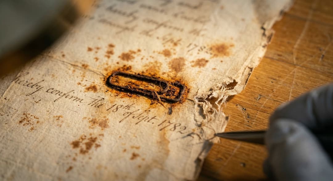 Agentes de deterioração do papel: documento com manchas de foxing, marcas de ferrugem de clipes e bordas desgastadas