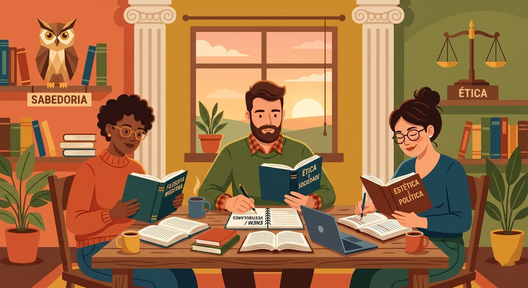 Filosofia para o ENEM: estudantes leem obras filosóficas em uma mesa de estudos cercada por símbolos de sabedoria, ética e política