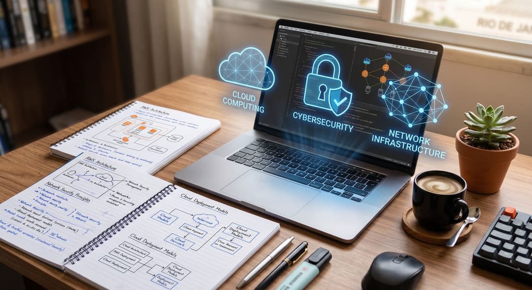 Informática para concursos: mesa de estudos com notebook aberto, ícones de redes, nuvem e segurança da informação e cadernos com esquemas de revisão.