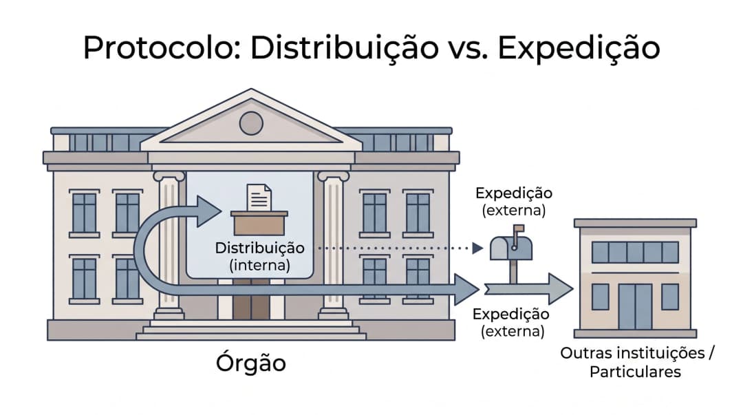 Protocolo na Arquivologia: infográfico que compara distribuição, movimentação interna do documento dentro do órgão, e expedição, remessa externa para outras instituições ou particulares.