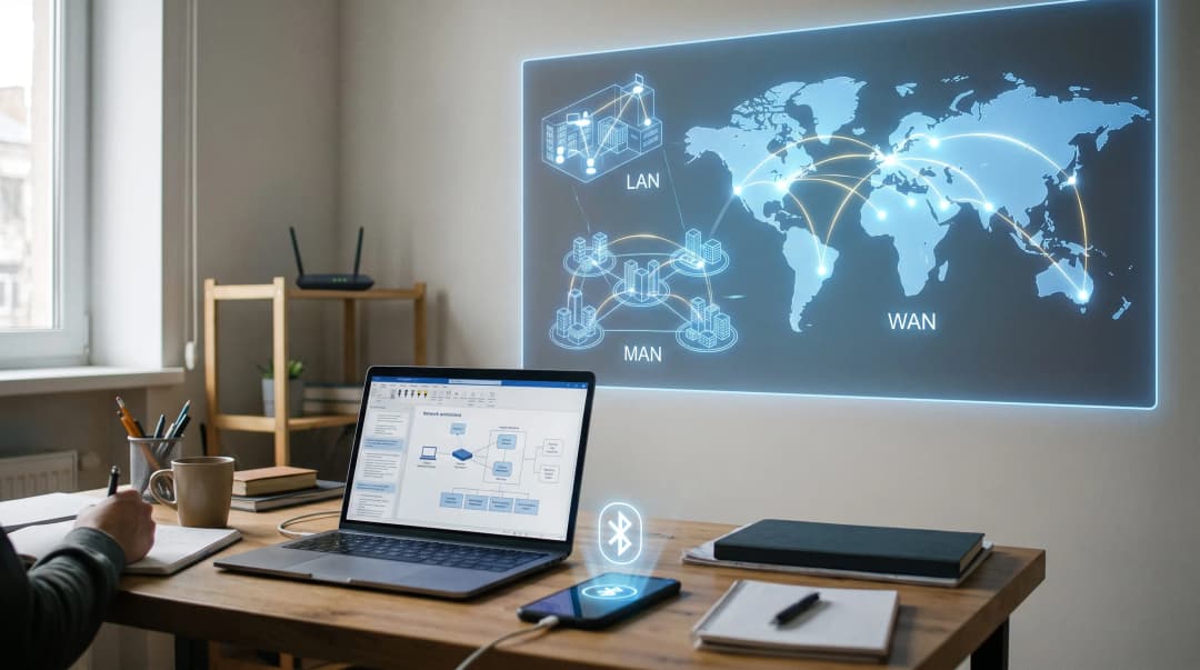 Ilustração realista de uma mesa de estudos com notebook e smartphone conectados, com um mapa digital ao fundo representando a diferença entre as redes PAN, LAN, MAN e WAN.