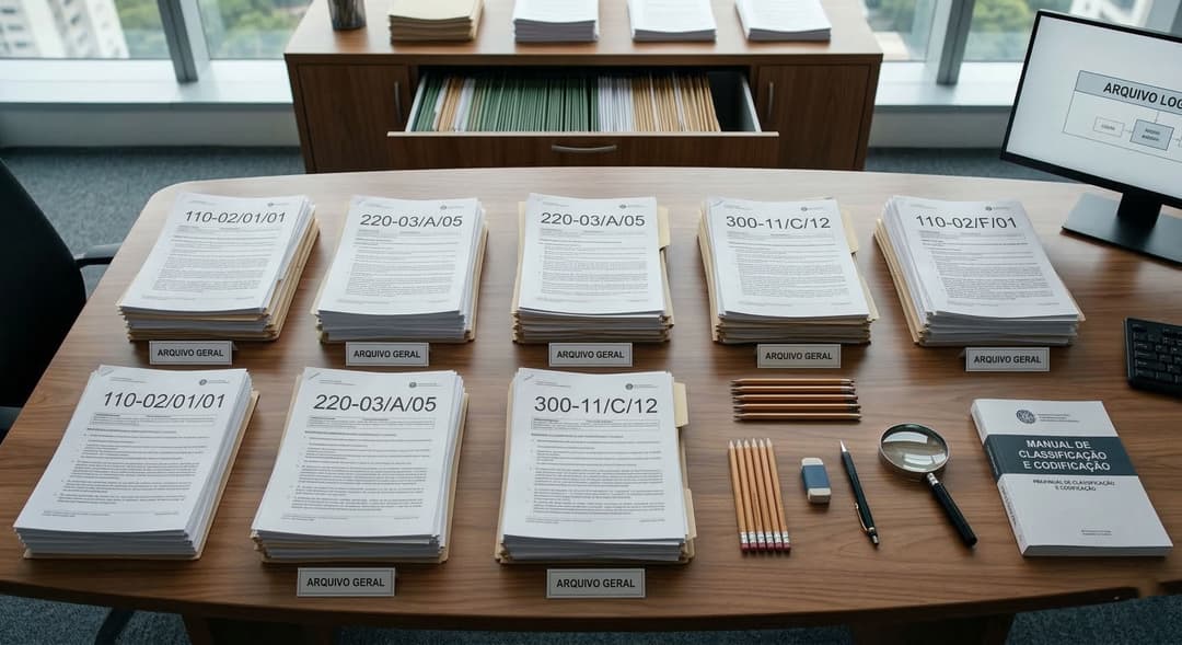 Codificação e ordenação de documentos: pilhas organizadas com códigos anotados a lápis no canto das folhas