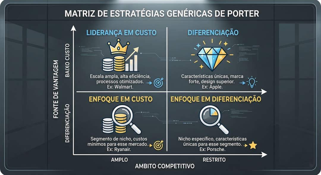Estratégias genéricas de Porter: matriz com liderança em custos, diferenciação e enfoque em custo ou diferenciação