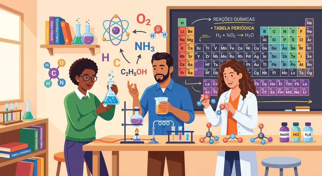 Química para o ENEM: estudantes adultos revisando reações químicas com vidrarias de laboratório e a tabela periódica ao fundo