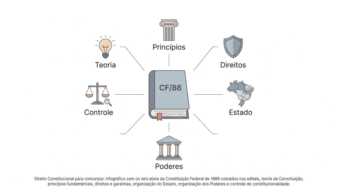 Direito Constitucional para concursos: infográfico com os seis eixos da Constituição Federal de 1988 cobrados nos editais, teoria da Constituição, princípios fundamentais, direitos e garantias, organização do Estado, organização dos Poderes e controle de constitucionalidade.