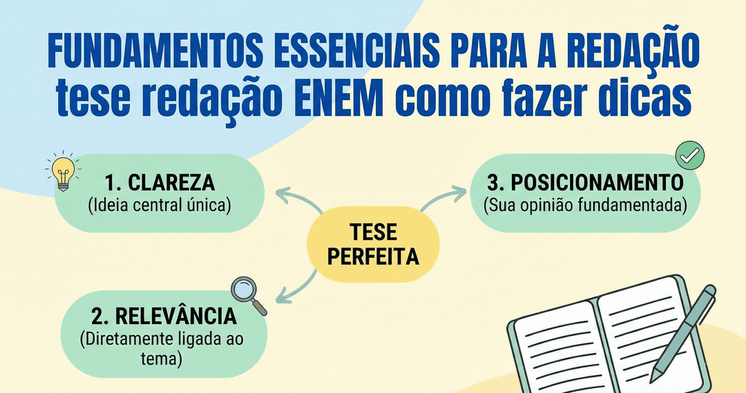Como fazer uma tese para redação: infográfico com os três pilares da tese perfeita, clareza (ideia central única), relevância (ligada ao tema) e posicionamento (opinião fundamentada).