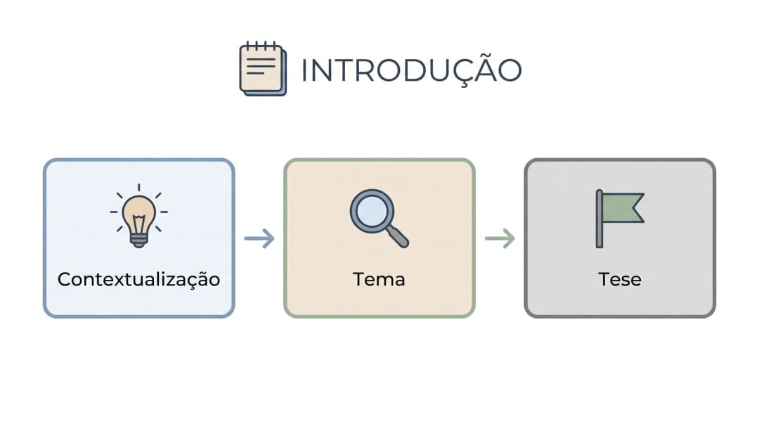 Como fazer uma introdução de redação perfeita: infográfico com os três elementos da introdução, contextualização, tema e tese, ligados em sequência por setas.