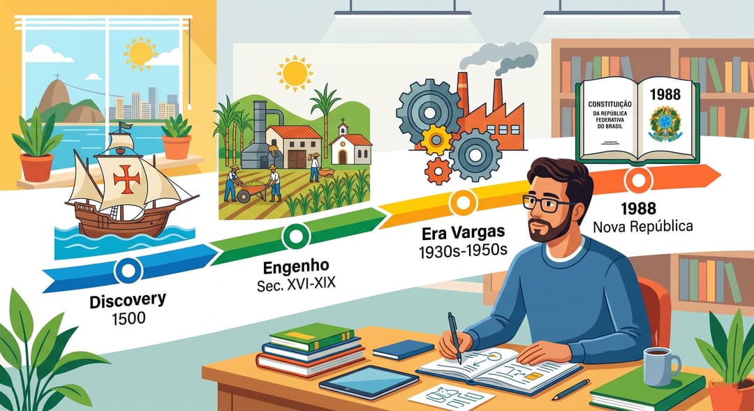 História do Brasil: ilustração de uma linha do tempo com marcos da chegada dos portugueses, dos engenhos, da Era Vargas e da Constituição de 1988, estudada por um aluno à mesa.