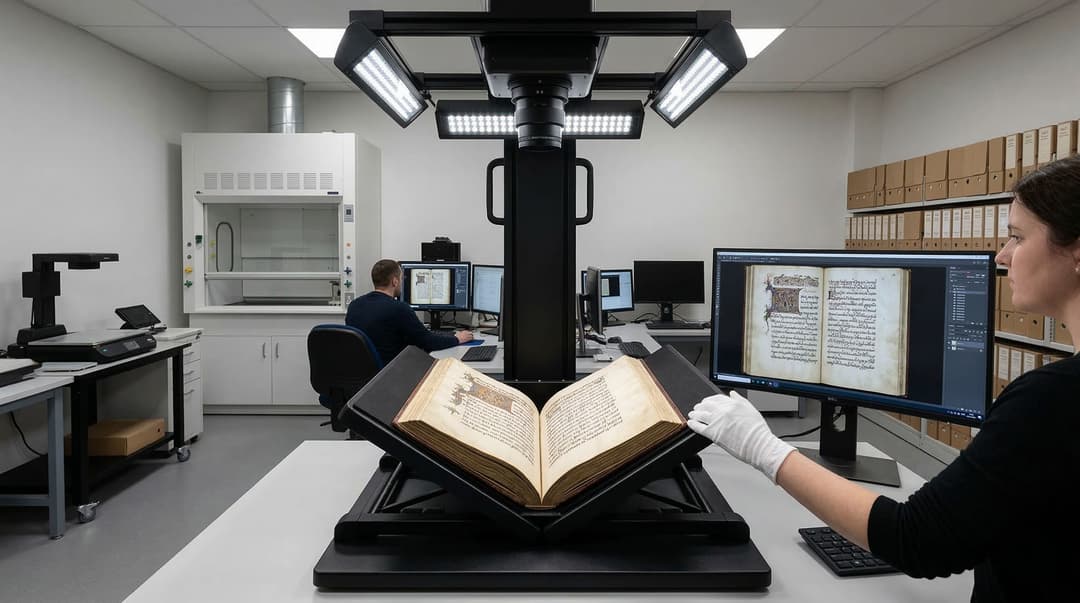 Digitalização de documentos após o diagnóstico: scanner capturando documento histórico higienizado e planificado