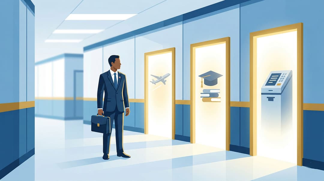 Ilustração moderna de um servidor público diante de várias portas brilhantes, cada uma representando um caminho diferente: uma com um avião, outra com um capelo de formatura e outra com uma urna eletrônica.