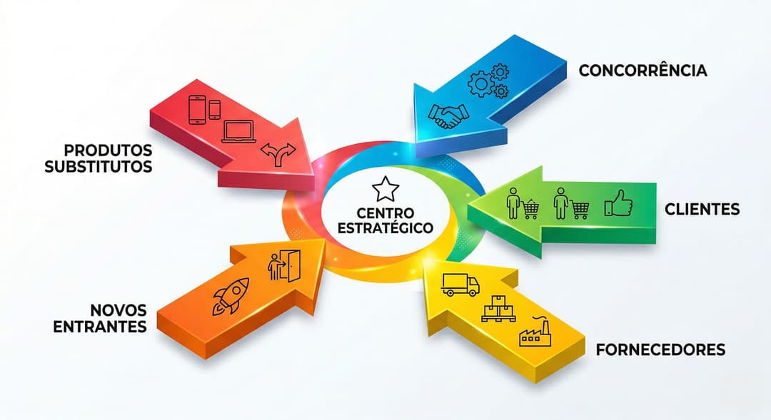 5 Forças de Porter: infográfico com rivalidade entre concorrentes, ameaça de novos entrantes, ameaça de substitutos, poder dos clientes e poder dos fornecedores