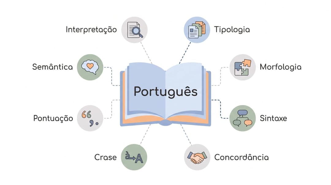 Língua Portuguesa para concursos: infográfico com os oito eixos da disciplina, interpretação de textos, tipologia textual, morfologia, sintaxe, concordância e regência, crase, pontuação e semântica, ligados a um livro central.