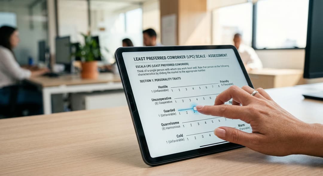 Escala LPC do Modelo de Fiedler exibida em um tablet, usada para definir se o líder é orientado para a tarefa ou para o relacionamento