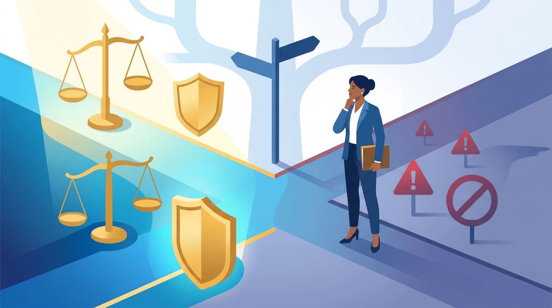 Ilustração de um servidor público em uma encruzilhada de decisões, de um lado um caminho iluminado com um escudo e uma balança representando os deveres, e do outro um caminho escuro com sinais de alerta representando as proibições.
