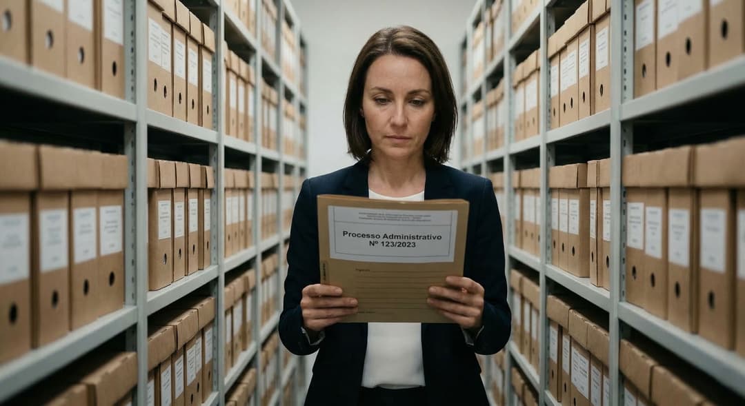 Tipologia documental na Tabela de Temporalidade: arquivista consulta a TTD no tablet para definir prazo e destinação de um processo