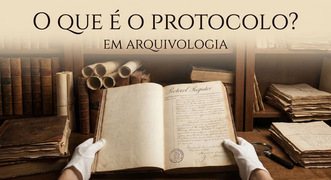 Protocolo em Arquivologia: livro de registro aberto sobre uma mesa com documentos antigos