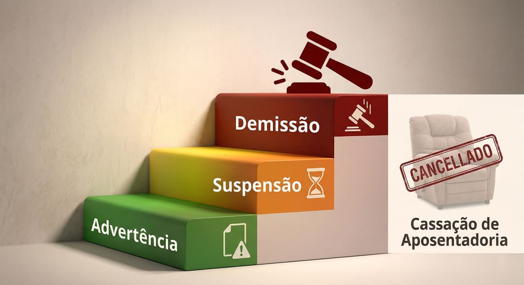 Ilustração de degraus subindo em nível de gravidade, do verde ao vermelho escuro. O primeiro degrau diz Advertência, o segundo Suspensão, e o topo Demissão, com um carimbo de cassação de aposentadoria ao lado.