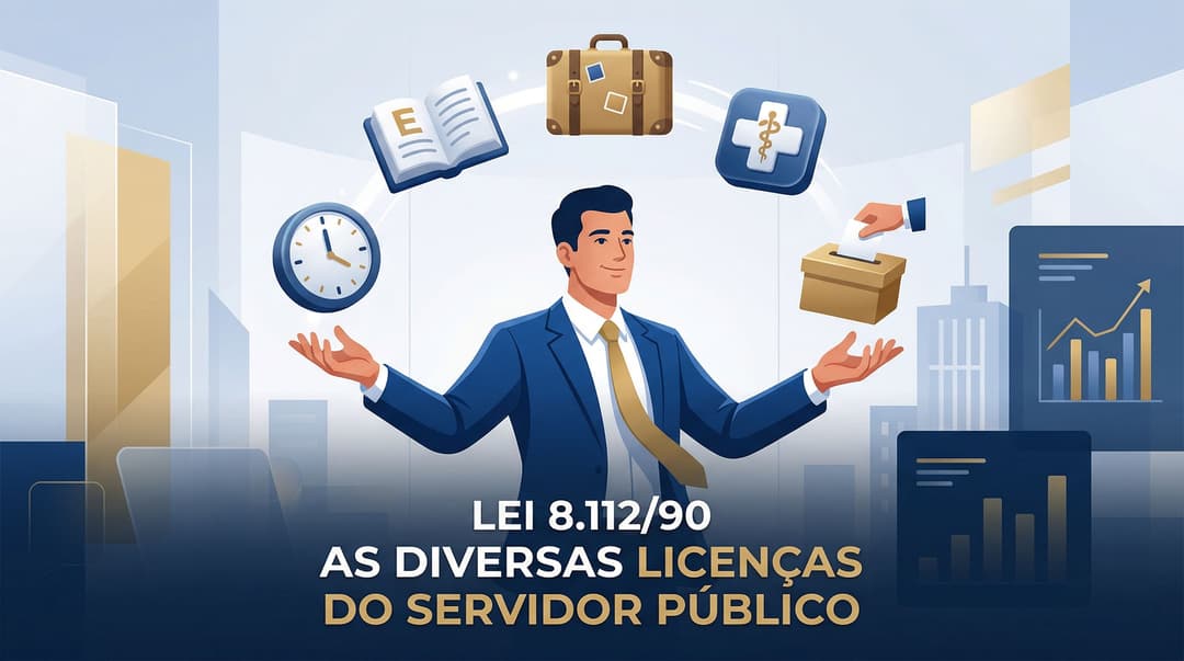 Ilustração moderna e colorida mostrando um servidor público equilibrando diferentes aspectos da vida, como um relógio (tempo), um livro (estudos), uma mala de viagem (interesses particulares) e um símbolo de saúde, representando as diversas licenças da Lei 8.112/90.