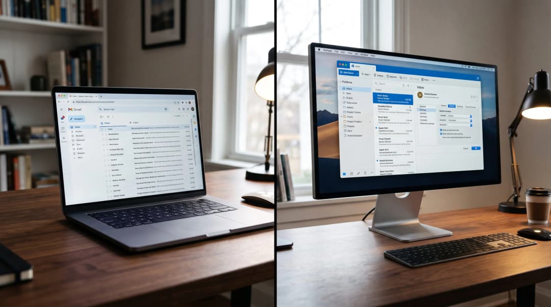 Tela dividida mostrando a diferença entre acessar um webmail pelo navegador em um notebook e usar um cliente de e-mail instalado em um monitor de mesa.