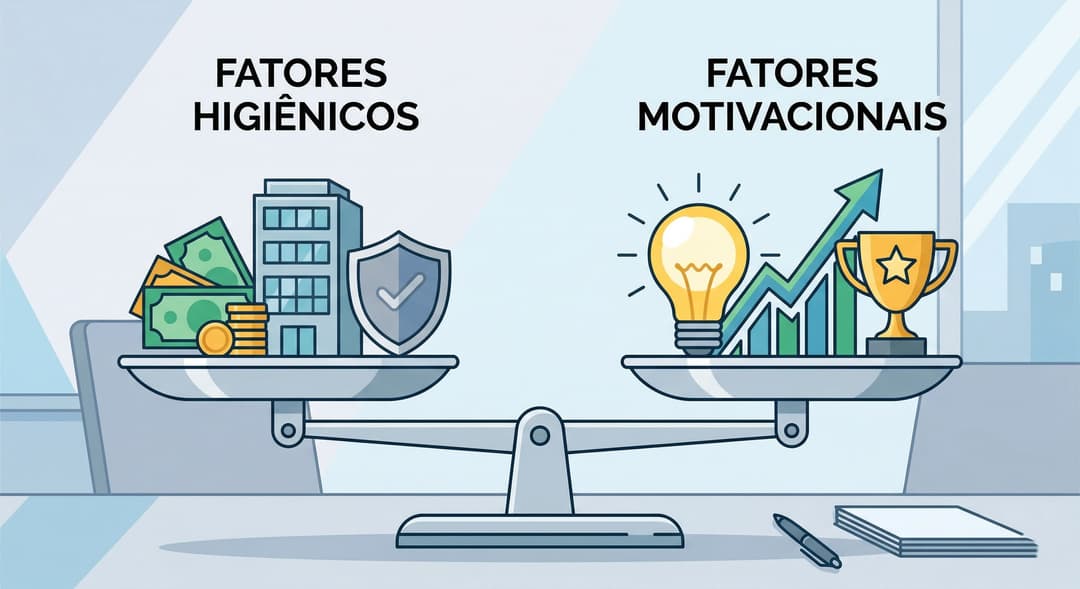 Fatores higiênicos e motivacionais de Herzberg: balança com salário e ambiente de um lado e conquista e reconhecimento do outro