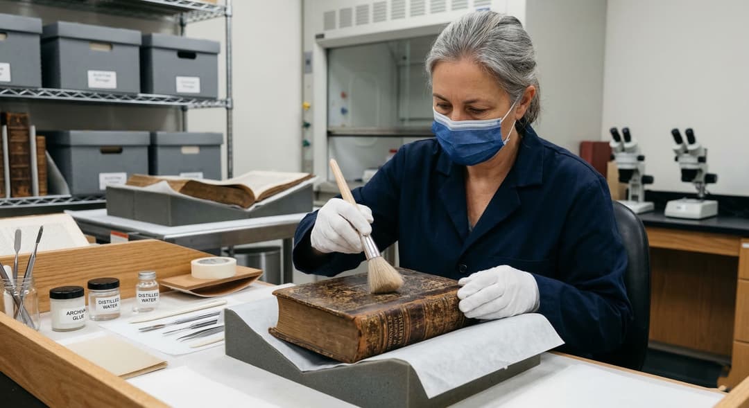Higienização de documentos: profissional com luvas e máscara limpa livro histórico com trincha de cerdas macias
