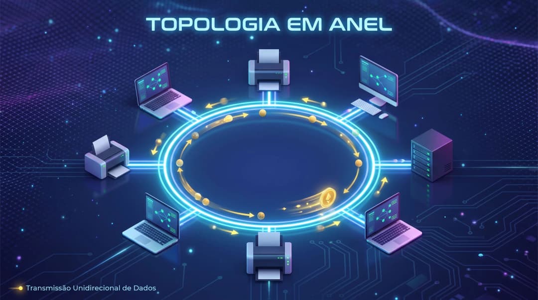 A imagem é uma ilustração conceitual em 3D e de estilo tecnológico, que demonstra de forma clara e didática o funcionamento de uma topologia de rede em anel (Ring Topology).