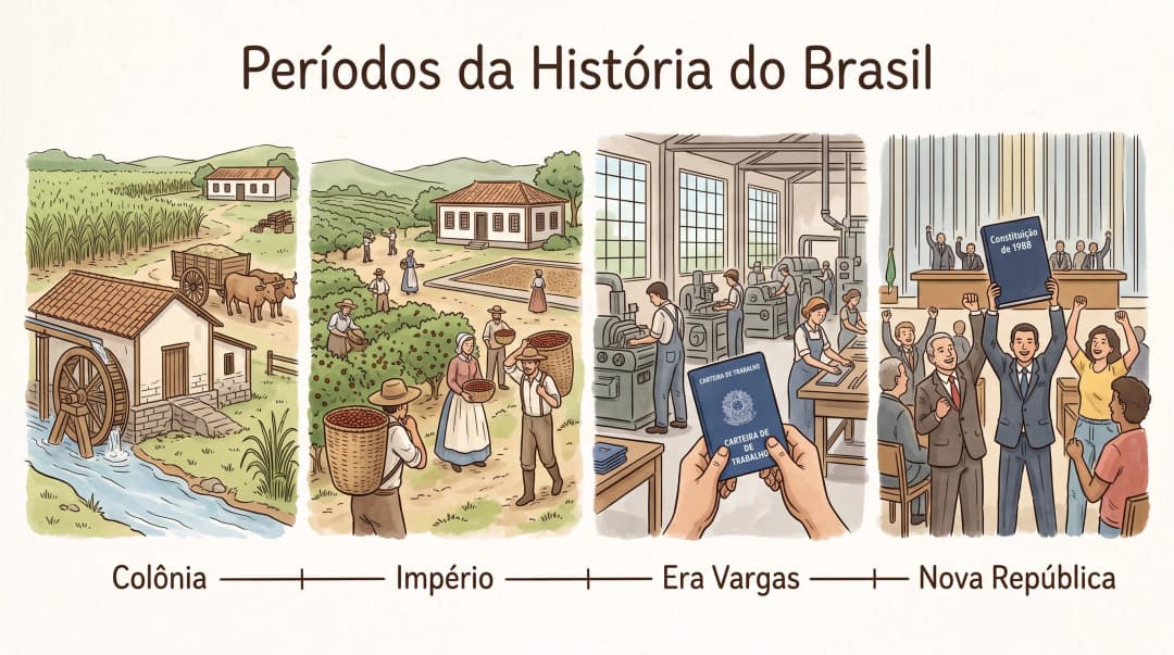 História do Brasil em quatro cenas: engenho de açúcar do período colonial, fazenda de café com imigrantes no Império, fábrica com trabalhadores na Era Vargas e assembleia com a Constituição de 1988 na Nova República.