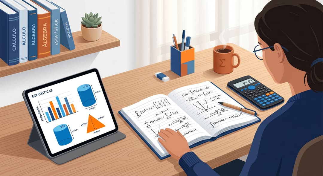Estudante resolvendo exercícios de matemática do ENEM em uma mesa com caderno de equações, calculadora e tablet com gráficos e sólidos geométricos.